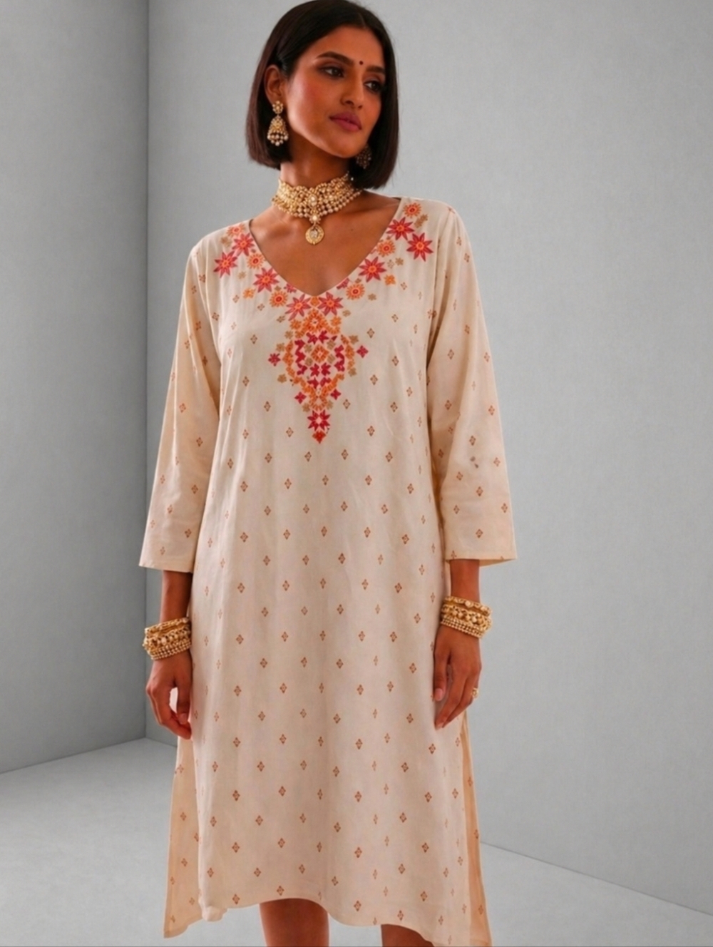 Global Desi India Ivory Tunic with Pink & Orange Embroidery Large NEW